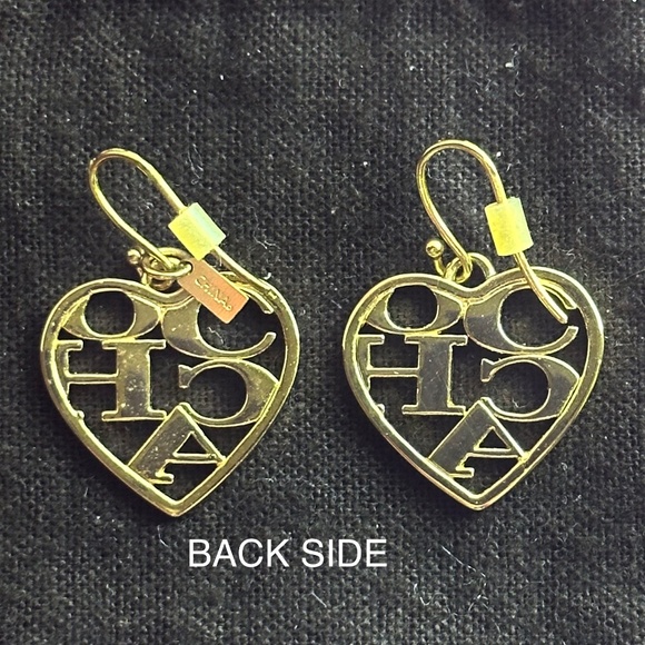 Coach Gold Tone Signature Heart Shaped Dangle Earrings With Crystal Accents - Picture 4 of 5